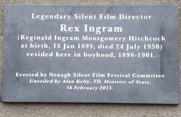 Plaque erected by the Nenagh Silent Film Festival at Wesley Place, Cudville, Nenagh where Rex lived as a child